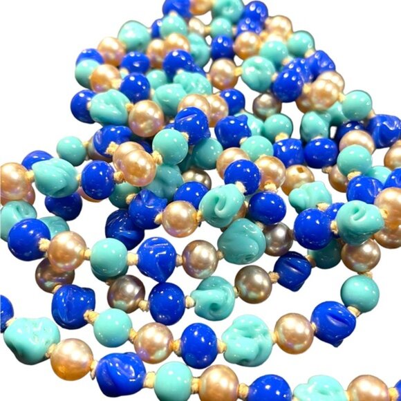 Antique Handmade CZECH Glass blue fancy bead & pearl necklace 48” LoNG - Picture 5 of 12
